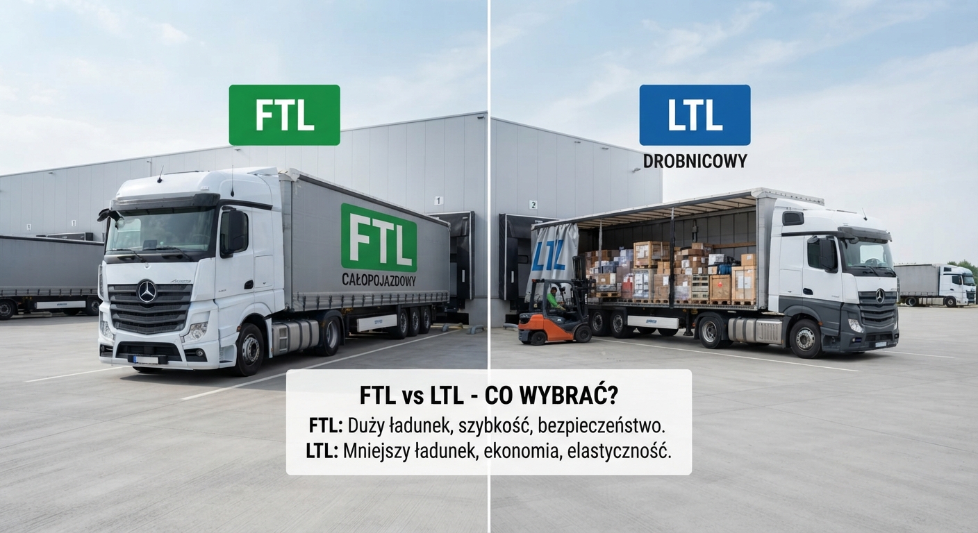 Porównanie FTL i LTL: pełny ładunek (całopojazdowy) vs drobnicowy, z wizualizacją załadunku i podsumowaniem.